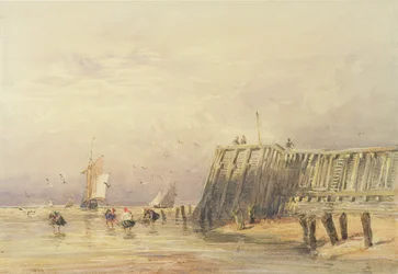 Meereslandschaft mit Segelschiffen und Figuren, die im Wasser waten, 1832